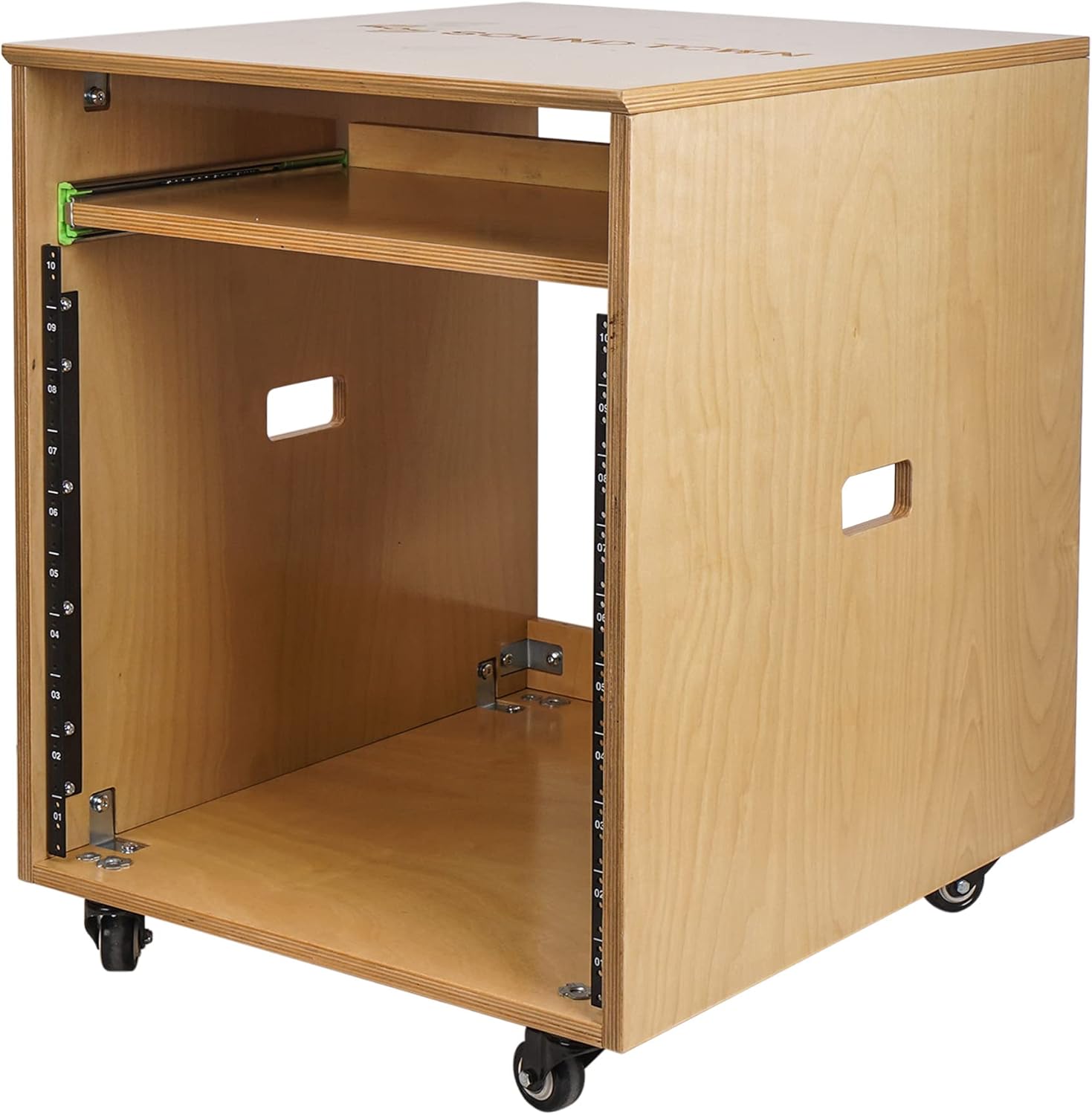 Sound Town 12U DIY Slanted Studio Rack with 12U Rack Space, Extra 2U Drawer, Plywood, Rubber Feet, Casters, Weathered Gray (SDRK-12TBD2)