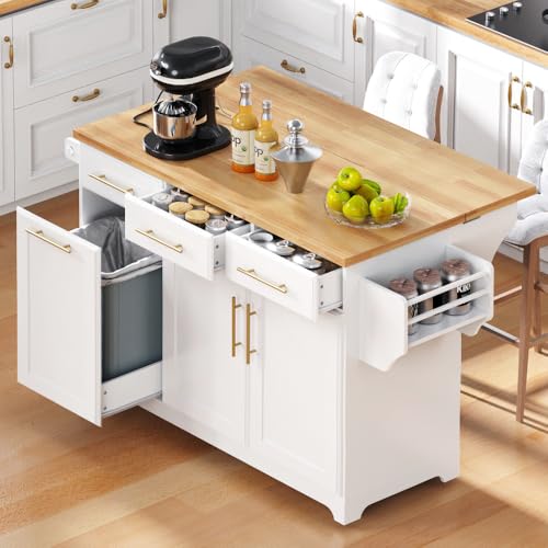 59.3" Rolling Kitchen Island on Wheels with Trash Can Storage Cabinet, Island Table for Kitchen with Power Outlet, Kitchen Cart with Drop Leaf and Internal Storage Rack (Black)