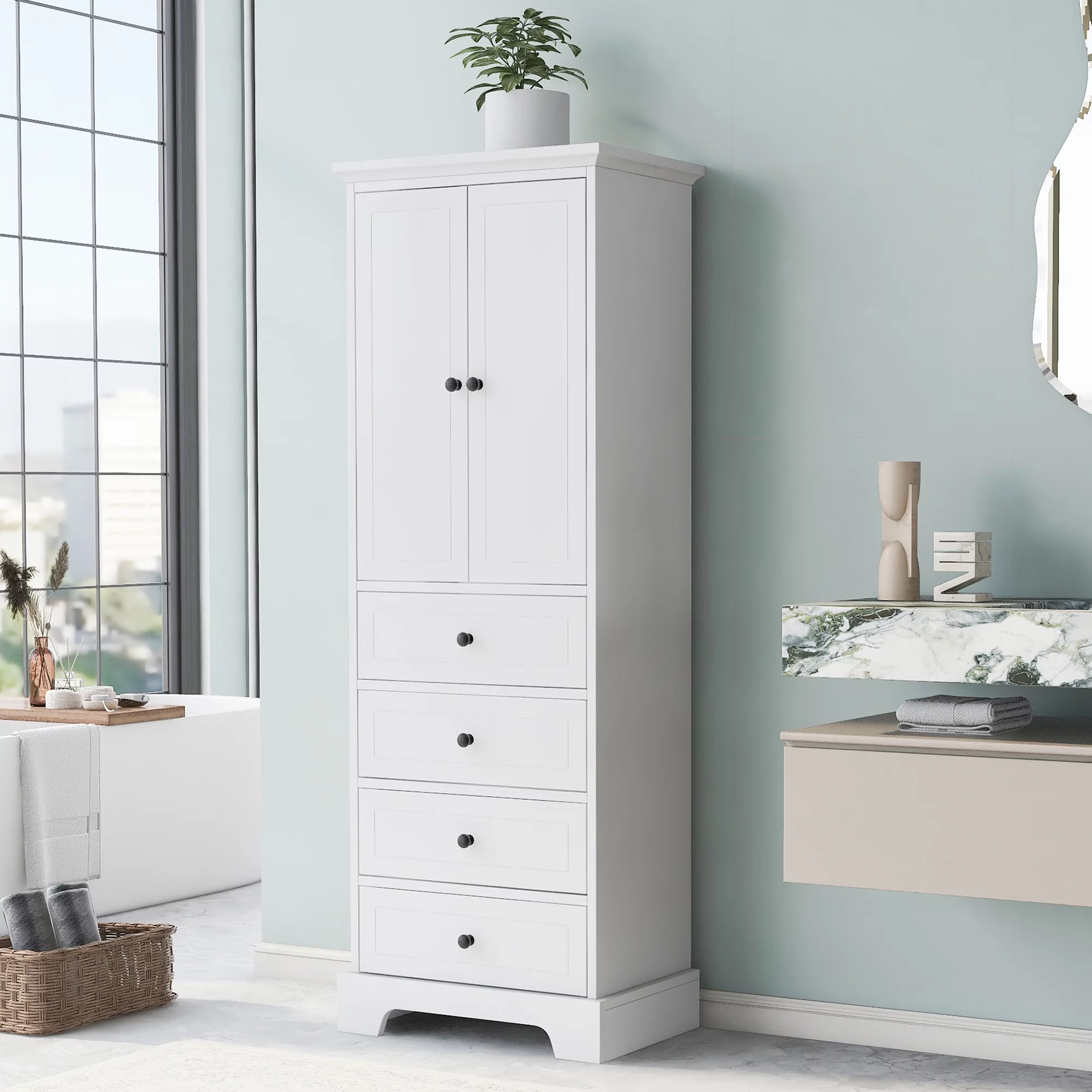 Hombay Tall Bathroom Storage Cabinet with 2 Doors and 4 Drawers, Wood Freestanding Cupboard Pantry with Adjustable Shelves for Living Room Bedroom Kitchen
