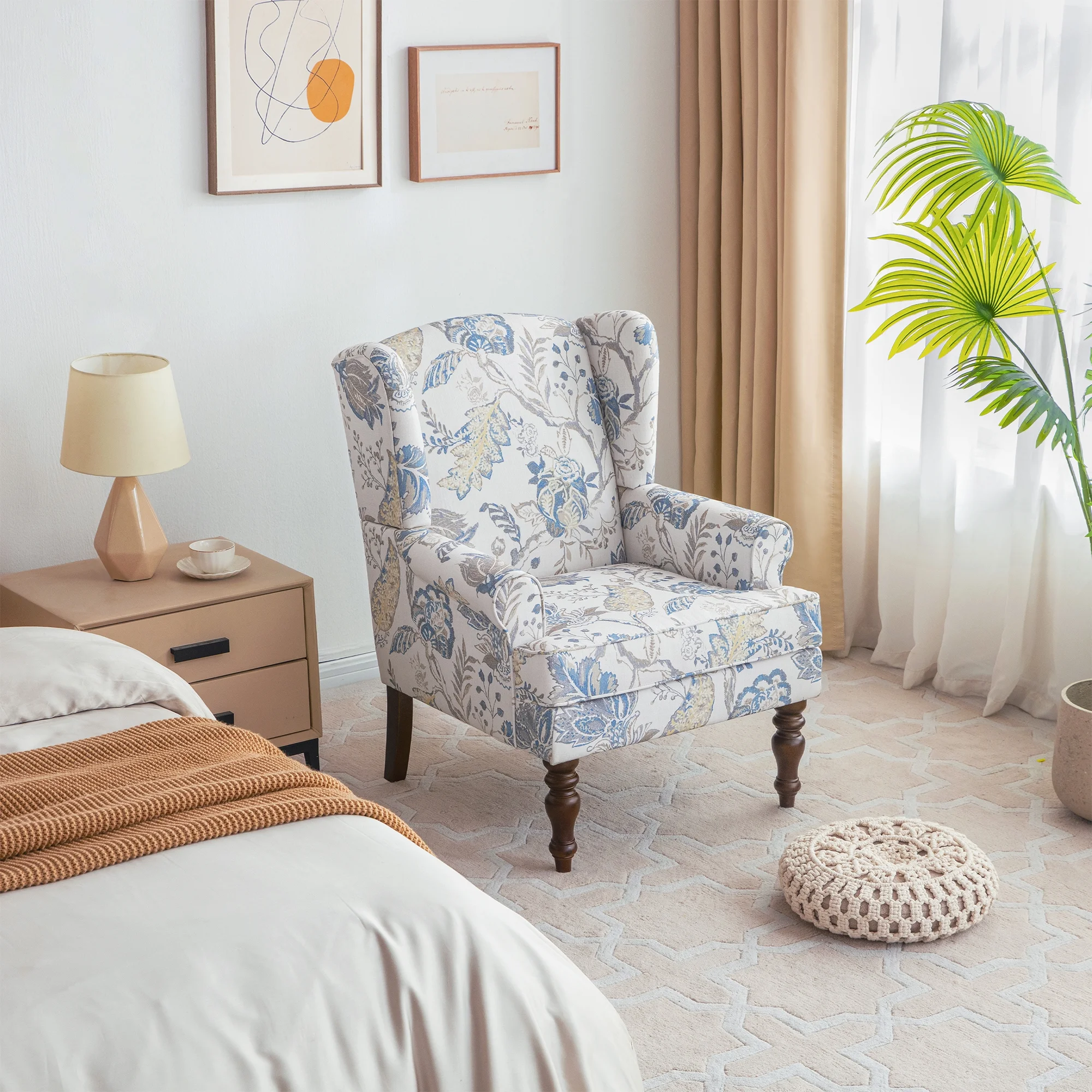 HUIMO Wingback Accent Chair, Upholstered Mid Century Modern Armchair with Solid Wood Legs, Fabric Linen Leisure Single Sofa Chair for Living Room, Bedroom, Comfy Reading Chair, Blue Floral Print