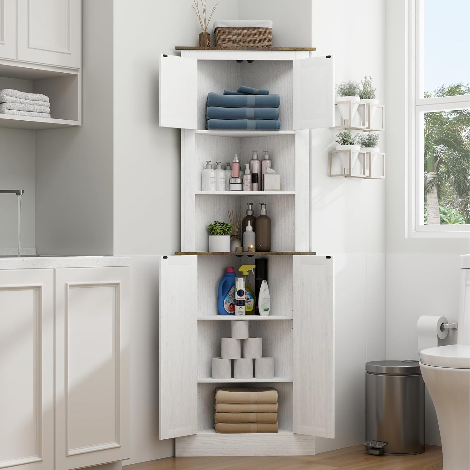 ELECWISH Tall Corner Cabinet, 68" Farmhouse Bathroom Storage Cabinet, 5-Tier Kitchen Pantry Corner Cabinet with 4 Barn Doors & Adjustable Shelves,Home Space Saver, White
