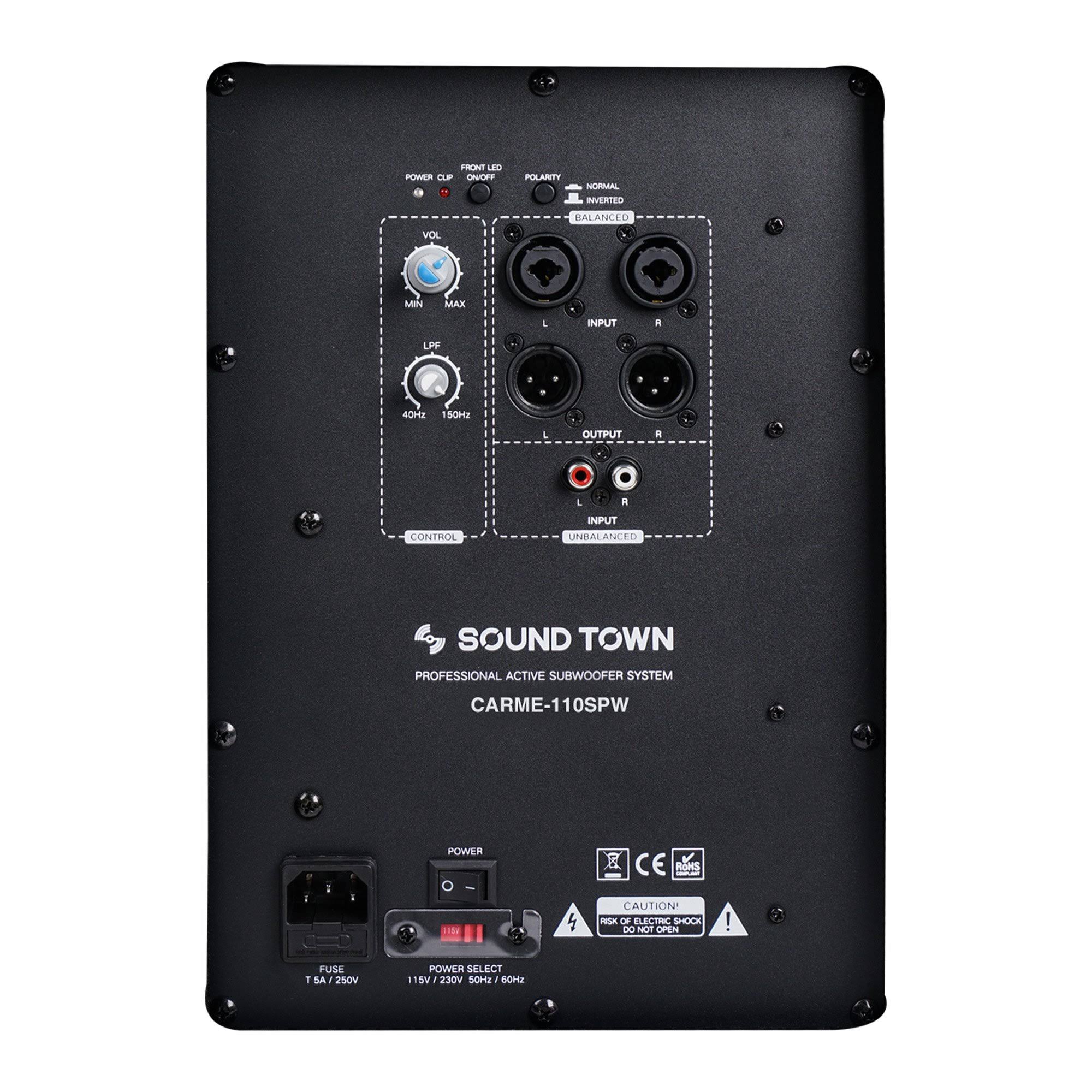 Sound Town 2-Pack 10x22 1200 Watts Powered PA DJ Subwoofers with Folded Horn Design, Black (CARME-110SPW-PAIR)