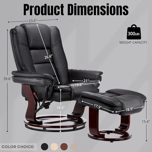 JC Home Argus Swivel Recliner with Ottoman, PU Leather & Wood Base Reclining Chair with Footrest, Ultra-Plush Double Foam for Living Room, Bedroom and Office