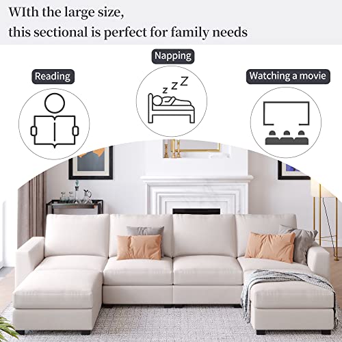 RWRAPS Modern Linen Sectional Sofa Set Convertible Corner Couch w/Removable Ottomans Chaise &Padded Seat/Cushions for Reception Room,Free Combination Living Room Set w/Wide Armrest&Wood Legs for Home