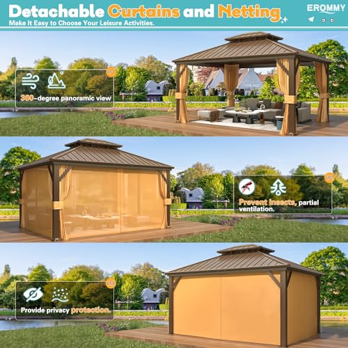 EROMMY 14'x20' Hardtop Gazebo Double Roof Galvanized Steel Canopy Outdoor Aluminum Frame Permanent Metal Pavilion with Netting and Curtains for Patio Backyard Deck and Lawns
