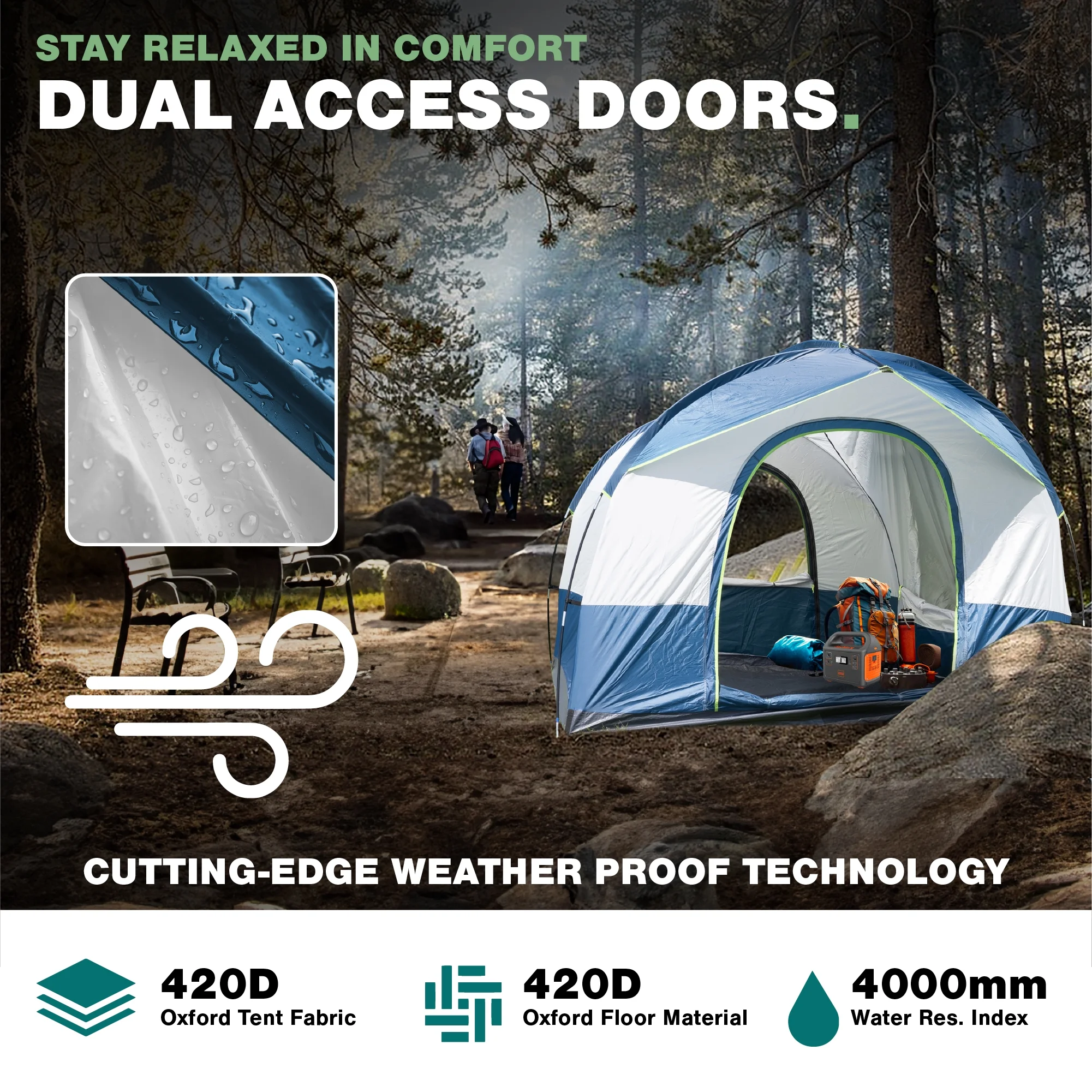 North East Harbor Universal SUV Camping Tent - Up to 8-Person Sleeping Capacity, Includes Rainfly and Storage Bag - 8' W x 8' L x 7.2' H - Gray and Blue