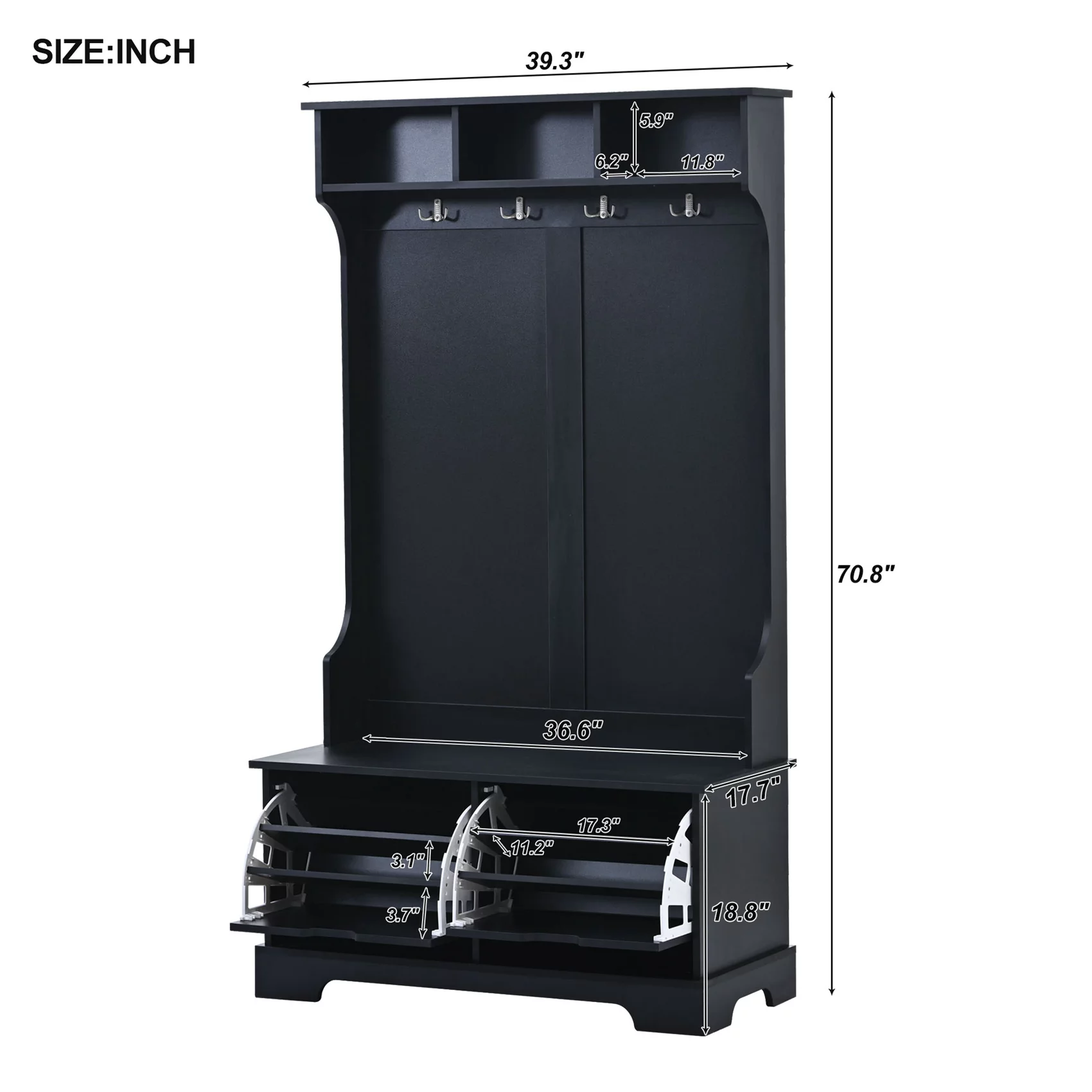 Hall Tree with Bench and 2 Flip Shoe Storage Drawers, Entryway Bench with Coat Rack and 3 Top Shelves, Mudroom Bench with Storage and 4 Metal Double Hooks for Entry way, Hallway (Black)