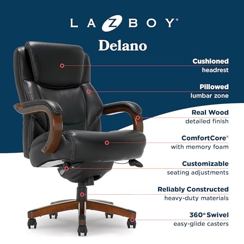 La-Z-Boy Delano Big & Tall Executive Office Chair, Ergonomic Mid-Back Body Pillow Lumbar Support, ComfortCore Memory Foam Cushion, Mahogany Wood Arms & Swivel Base, Bonded Leather, Chestnut Brown