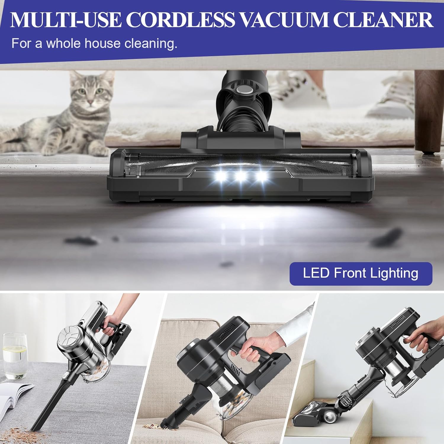Cordless Vacuum Cleaner, 28kPa Powerful Stick Cordless Vacuum Cleaner, 40 Running Mins, Removable Battery, 1.5 L Dust Cup, LED Light, Suitable for Carpets Hard Floors Pet Hair,Dark Silver