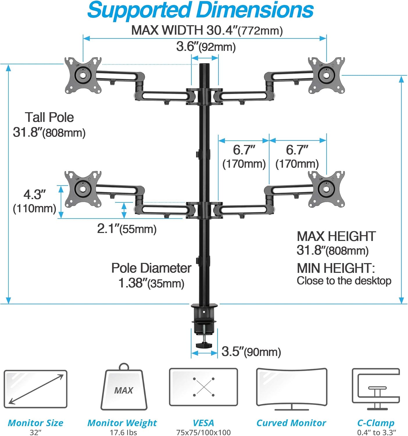 AVLT Quad 32" Monitor Desk Stand - Mount Four 17.6 lbs Computer Monitors on 4 Articulating Adjustable Arms - Organize Your Work Surface with Ergonomic Viewing Angle VESA Monitor Mount