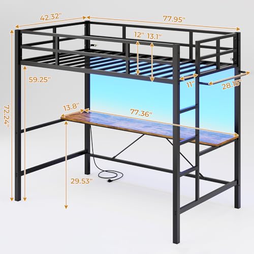 DICTAC Loft Bed with Desk and Led Lights Metal Loft Bed Twin Size with Power Outlet Twin Bed Frame with Top Bunk and Safety Guard & Ladder, Space-Saving,No Noise,No Box Spring Needed, White