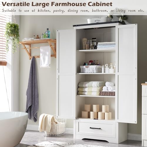 72" Tall Farmhouse Kitchen Pantry with Adjustable Shelves, Wood Rustic Storage Cabinet with Drawer & Barn Doors, Versatile Storage for Dining Room, Living Room, Bathroom, White