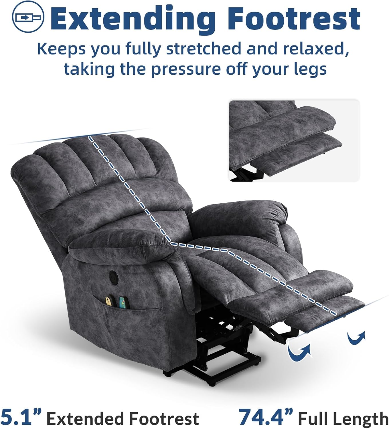 Large Electric Power Lift Recliner Chair with Extended Footrest for Elderly Big Man, Overstuffed Heated Massage Wide Reclining Sofa with 2 Remote Controls, Side Pockets & USB Ports, Gray