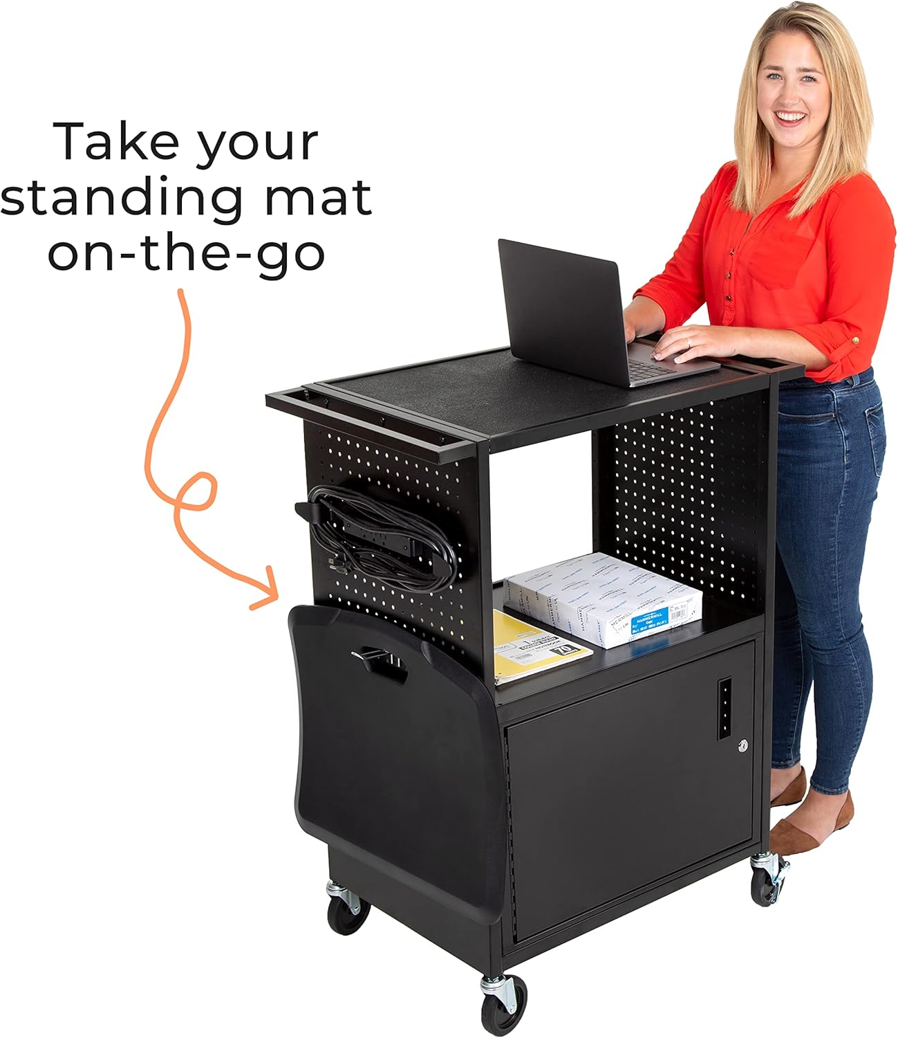 Line Leader Stellar AV Cart | Computer Cart with Pegboard Siding & 12 Hooks for Customizable Storage | Locking Cabinet & Pullout Keyboard Tray | UL Safety Certified Power Outlets | Locking Wheels