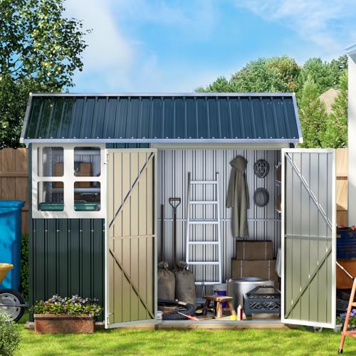 10X12X7.5 FT Outdoor Steel Storage Shed with Lockable Doors, 2 Windows, Transparent Roof Panels (Wood Panels & Frame Floor Not Included), Ideal for Patio Storage,Garbage Can, Chicken Coop，Brown