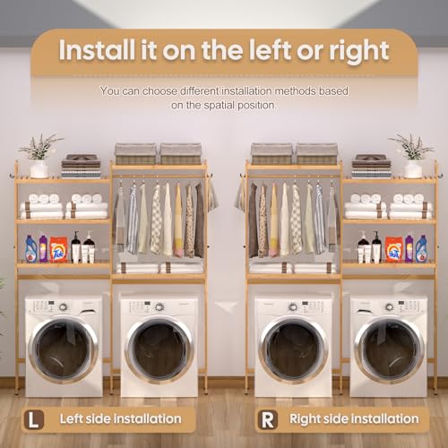 Cozivolife Over The Washer and Dryer Storage Shelf Bamboo,5 Tiers Laundry Room Drying Rack with Adjustable Shelves and 4 Hooks,Space Saver Organizer for Hanging Clothes and Towels