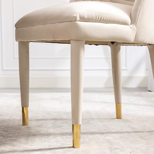 Upholstered Dining Room Chairs Set of 2, Modern Velvet Accent Chairs with Solid Wood Legs, Luxury Tufted Vanity Chairs with Back Leisure Side Chairs for Vanity Kitchen Living Room Bedroom Beige