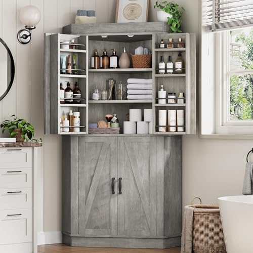 Corner Cabinet, Kitchen Pantry Cabinet, Storage Cabinet with 4 Doors and Shelves, Kitchen Cabinet, Pantry Cabinet, Tall Food Pantry Storage Cabinet Farmhouse Furniture for Kitchen Dining Room, Grey