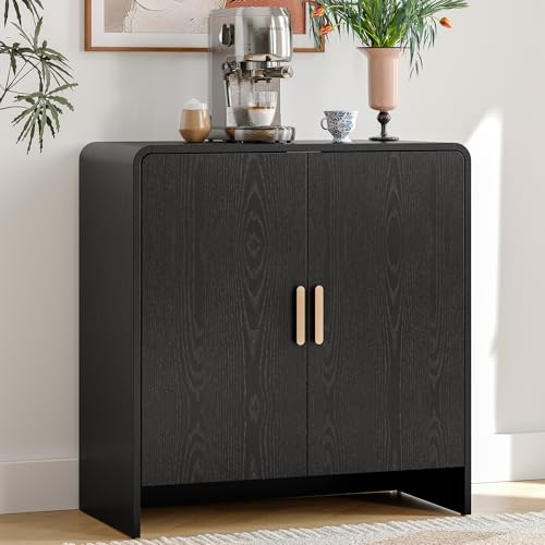 60" Sideboard Buffet Cabinet with Storage, Curved Design Farmhouse Coffee Bar Cabinet with 4 Doors & Adjustable Shelves for Living Room, Kitchen, Hallway, Walnut