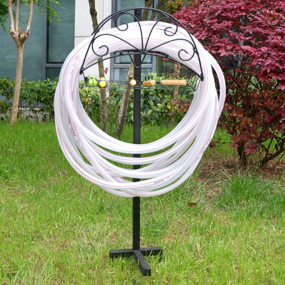 Gardguard Garden Hose Holder Freestanding - Water Hose Stand Hanger with Extra Basket and Large Capacity, Outdoor Detachable Heavy Duty Metal Hose Rack for Outside Garden, Yard, Lawn