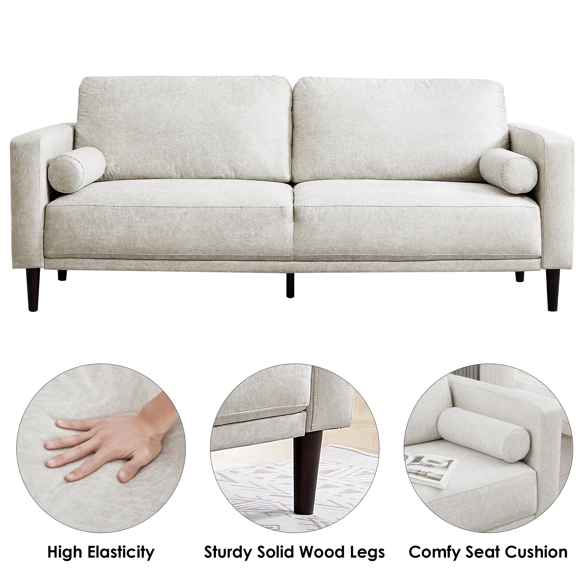 Homfa 3 Seat Sofa, 78.9'' Modern Large Upholstered PU Couch with Square Arm, White