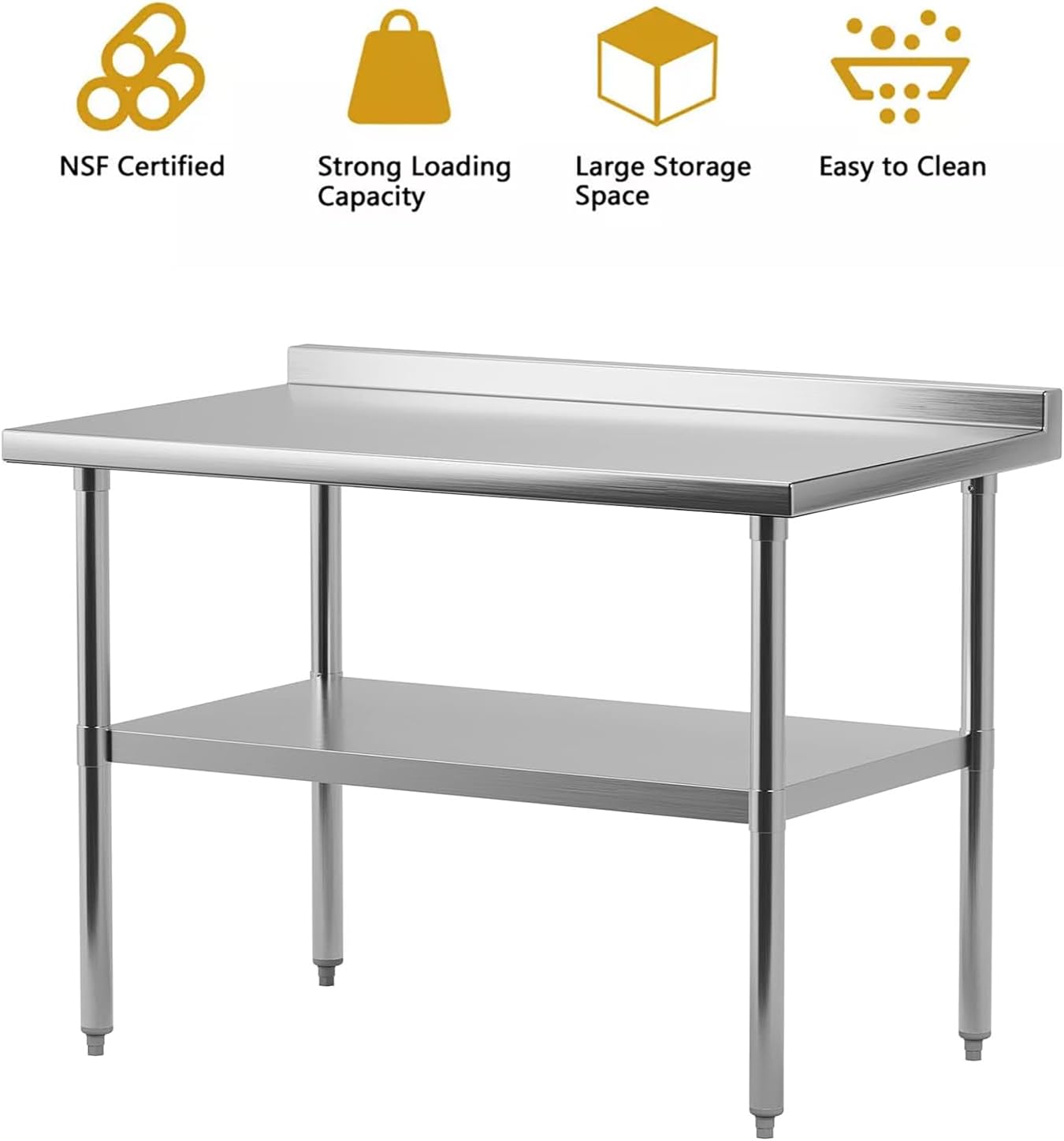 48 x 24 Inch Stainless Steel Table for Prep & Work, NSF Commercial Heavy-Duty Stainless Steel Kitchen Island with Undershelf and Backsplash for Restaurant and Home