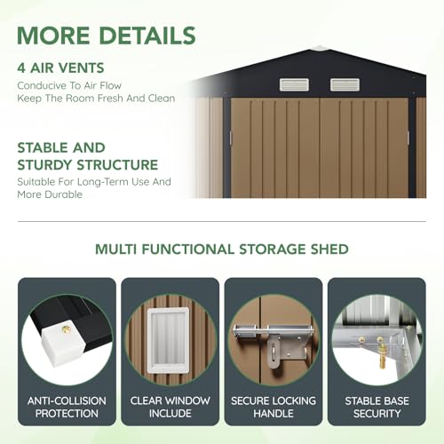 10X12X7.5 FT Outdoor Steel Storage Shed with Lockable Doors, 2 Windows, Transparent Roof Panels (Wood Panels & Frame Floor Not Included), Ideal for Patio Storage,Garbage Can, Chicken Coop，Brown