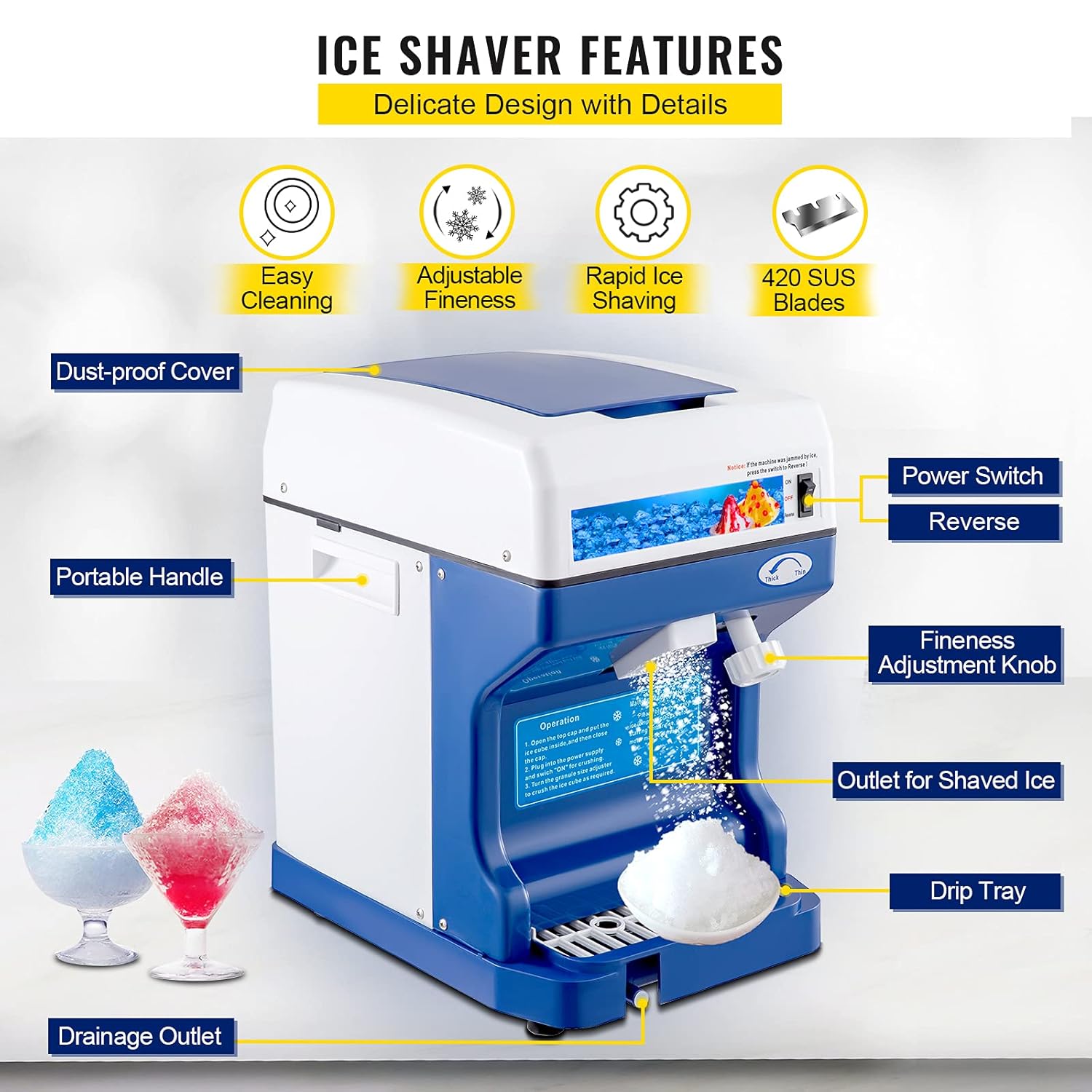 VEVOR 110V Electric Shaved Ice Machine 250W Snow Cone Maker Tabletop w/Adjustable Ice Texture, Ice Shaving Machine 265LBs/hr for Home and Commerical Use & Tablecraft Free Flow Pourers, Black, 12-Pack