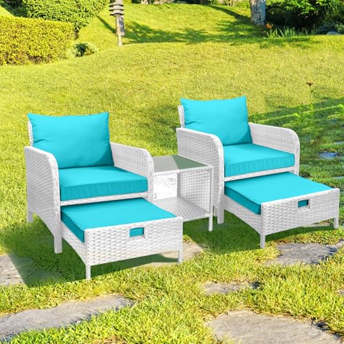 LEVELEVE Balcony Furniture 5 Piece Patio Conversation Set, PE Wicker Rattan Outdoor Lounge Chairs with Soft Cushions 2 Ottoman&Glass Table for Porch, Lawn-Brown Wicker