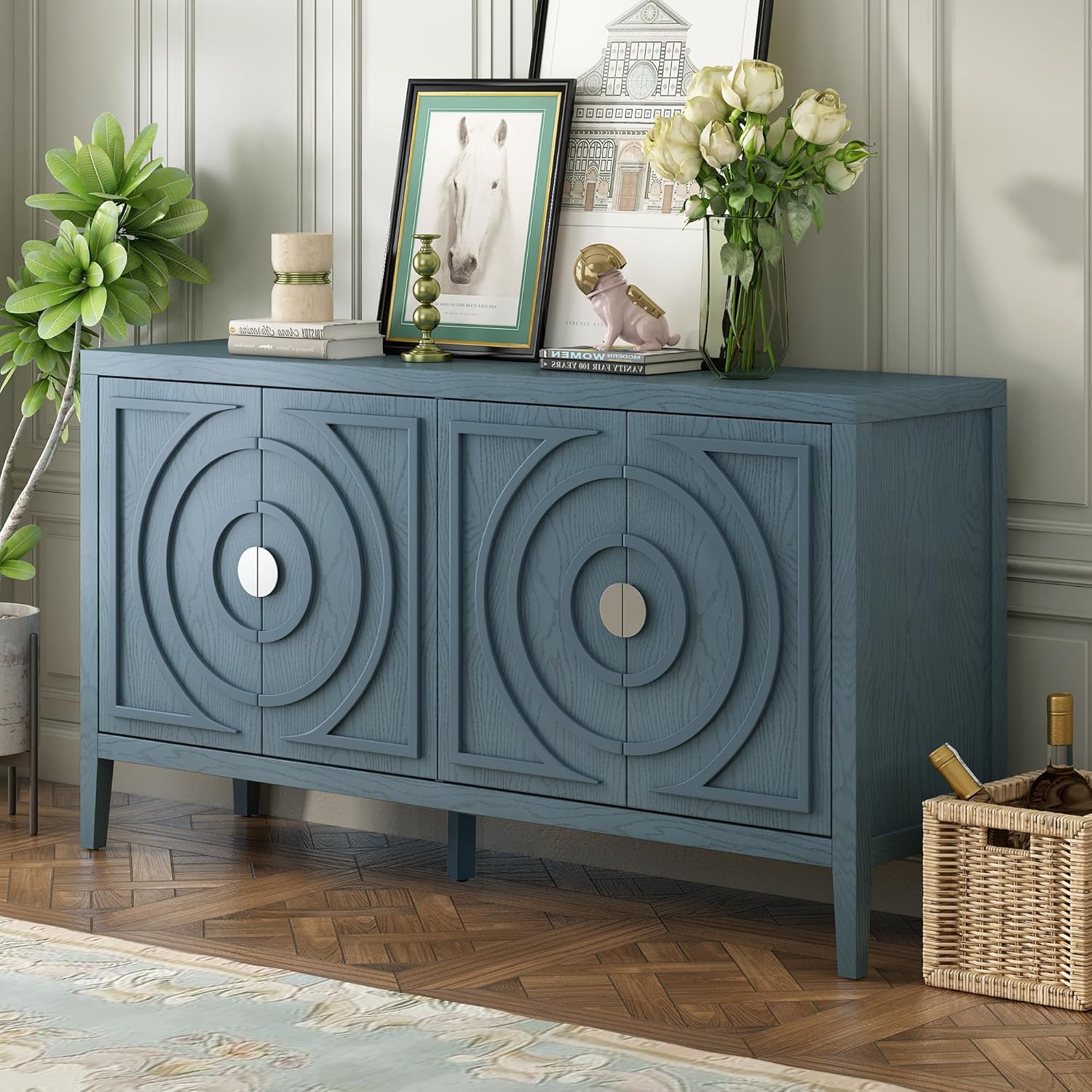 Retro Kitchen Accent Storage Cabinet with Circular Groove Design Door,Round Metal Handle,Sideboard Buffet Cabinet,Cupboard,60” Console Table for Dining Room,Living Room,Bedroom,Entryway