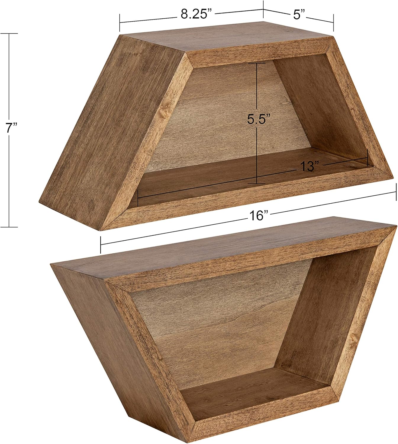 Kate and Laurel Camellia Geometric Wood Shelf Set, Set of 2, Rustic Brown, Modern Wooden Shelves for Wall Storage and Display
