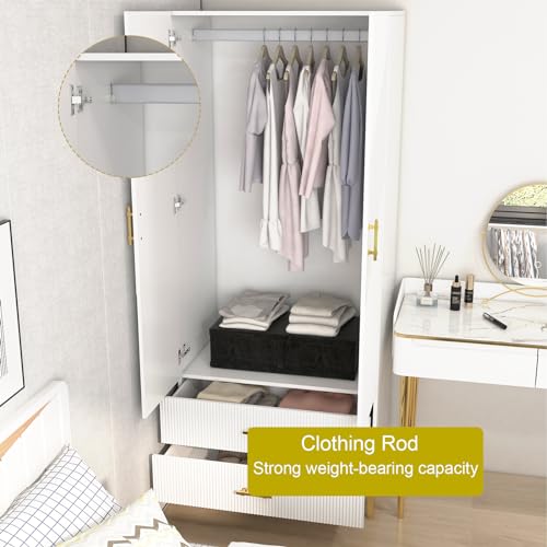 FeLeA Wardrobe Closet for Hanging Clothes, Armoire Portable Closet with Two Drawers & Hanging Rod, 2 Door Freestanding Wardrobe Cabinet for Bedroom,White,(31.5" W x 19.69" D x76.77 H)
