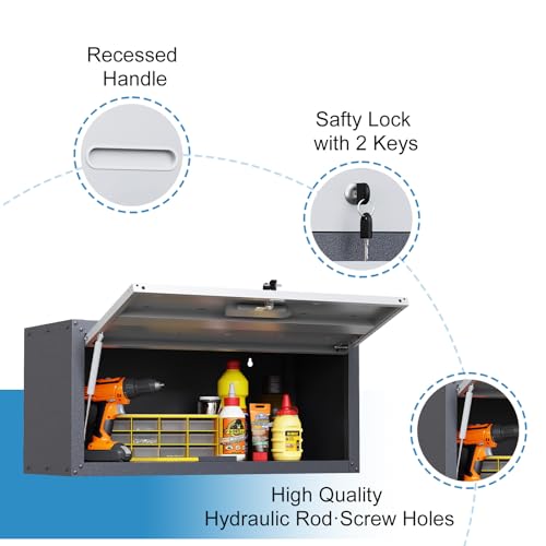 Garage Storage Cabinet Wall Cabinet with 2 Doors,Lockable Tool Cabinets Wall Mounted with Adjustale Shelves,Heavy Duty Steel Hanging Cabinets for Warehouse Kitchen Laundry,Assembly Required