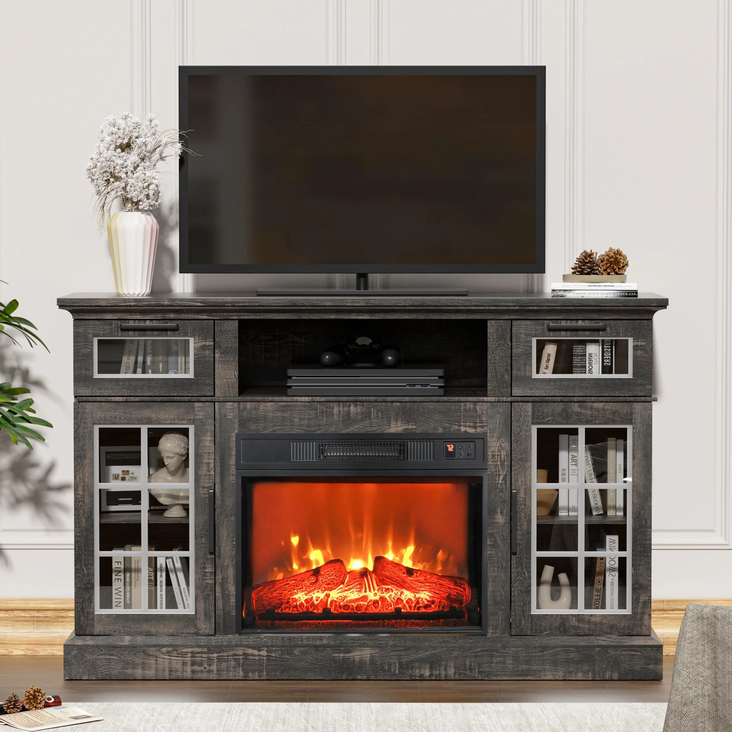 LGHM Fireplace TV Stand, Entertainment Center for 65 inch TV with 23" Electric Fireplace for Living Room, Dark Oak