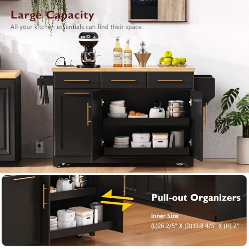 60" Kitchen Island with Drop Leaf and Power Outlet, Rolling Kitchen Cart on Wheels with Trash Can Storage Cabinet, Spice Rack, Towel Rack and Adjustable Shelf for Dining Room