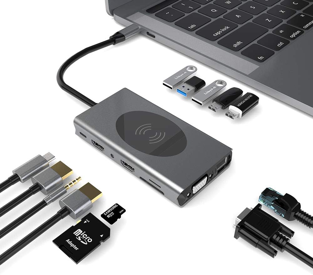 USB C Docking Station 14-in-1 Triple Display C Type to 2-Port HDMI Display 5-Port 3.0 HUB Hub 87WPD Charging rj45 NIC vga TF Card Reader 3.5mm Audio Phone Wireless ChargingUSB C Dock Pack of 2