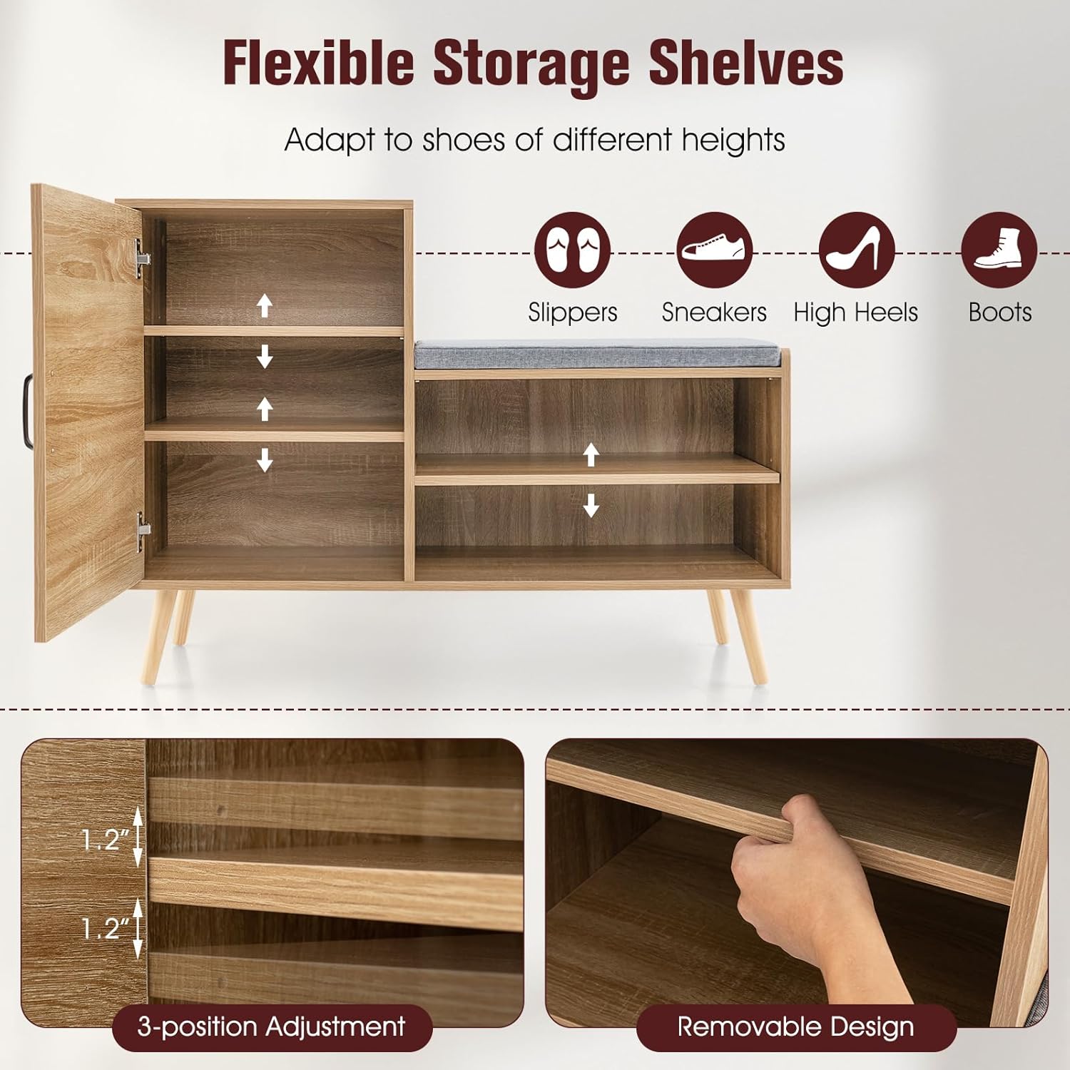 Giantex Shoe Cabinet with Shoe Bench - Rattan Shoe Storage Cabinet, Shoe Rack Organizer for 10-12 Pairs, Padding Seat Cushion, Boho Entryway Bench with Shelves for Hallway Mudroom Bedroom