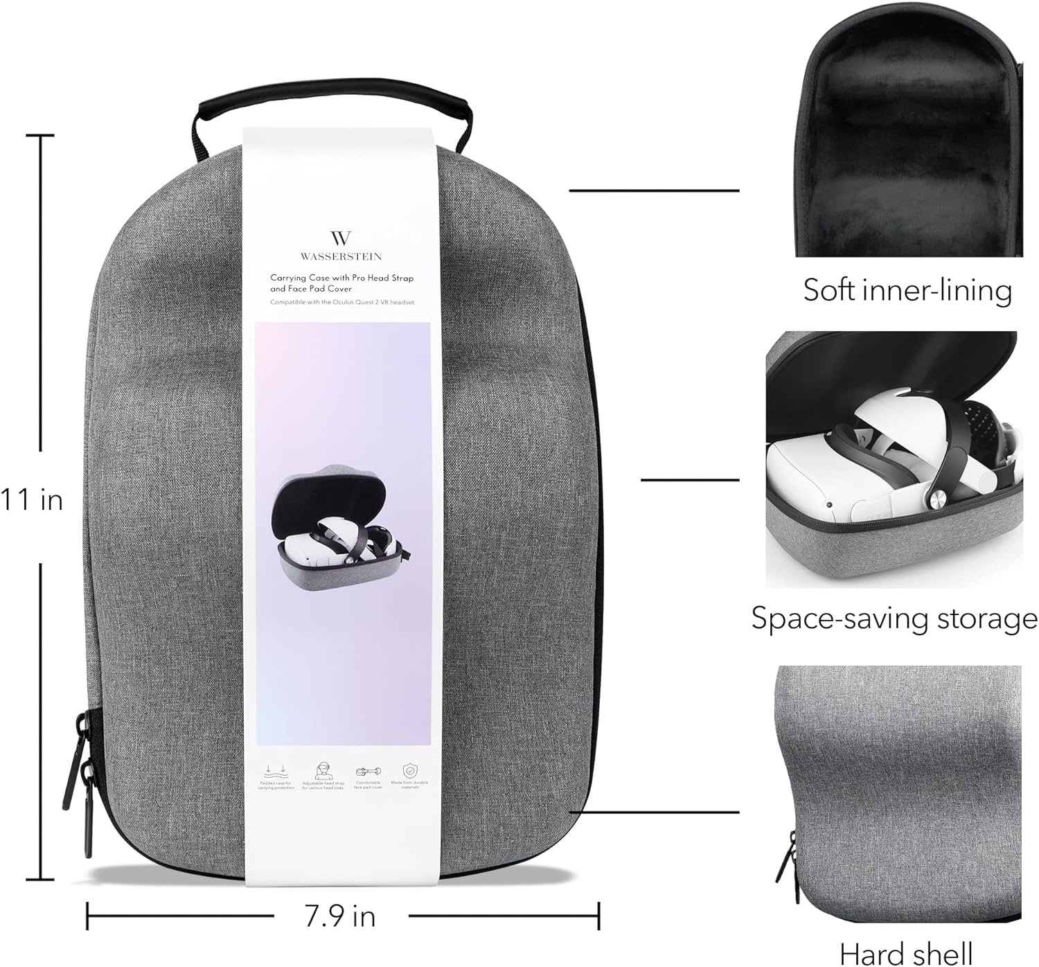 Wasserstein VR Headset Carrying Case, Head Strap, and Face Cover Bundle - Gaming Accessories Compatible with Oculus Quest 2