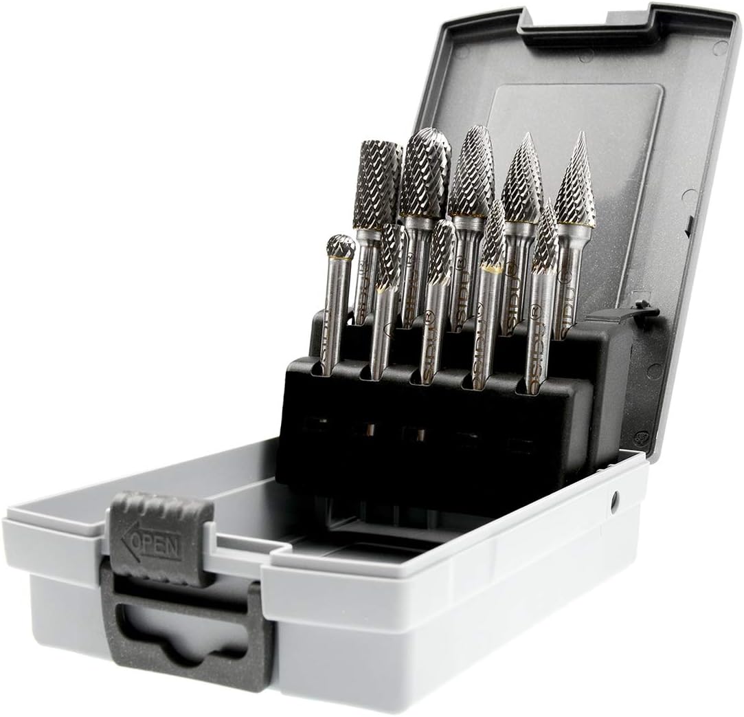 OSIDU Carbide Burr Set 10pcs Die Grinder Bits 1/2 Inch Cutting Burrs 1/4 Inch Shank Double Cut Carbide Rotary Burr Set for Die Grinder Drill,Metal Carving,Polishing,Engraving,Drilling