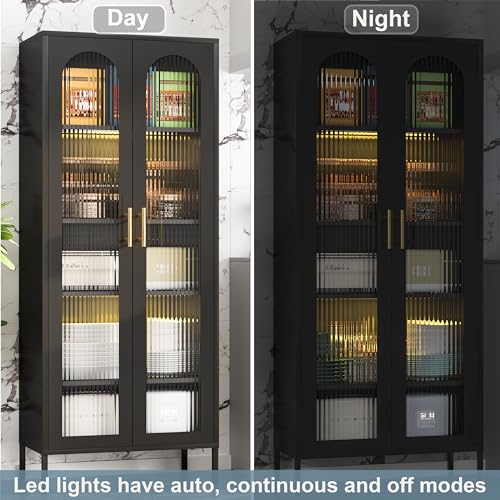 71" Display Cabinet with Glass Doors, Curio Cabinet with 4 Adjustable Shelves, Glass Cabinet Display Cases for Collectibles,Black Tall Metal Cabinet for Home Office,Living Room,Kitchen