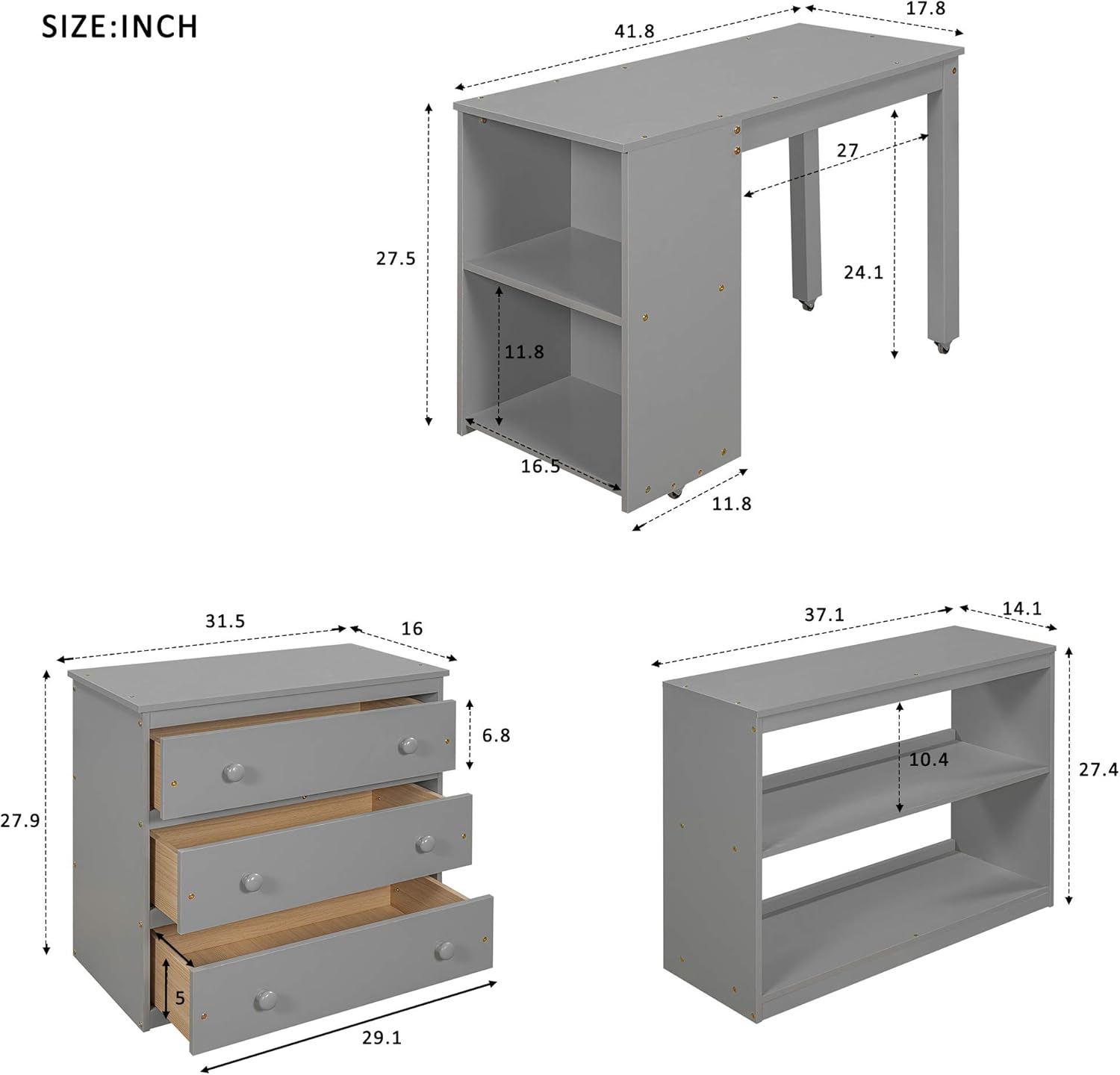 SOFTSEA Twin Study Loft Bed with Rolling Portable Desk, Cabinet and Bookcase, Low Loft Bed for Kids and Teenagers (Gray, with Desk)