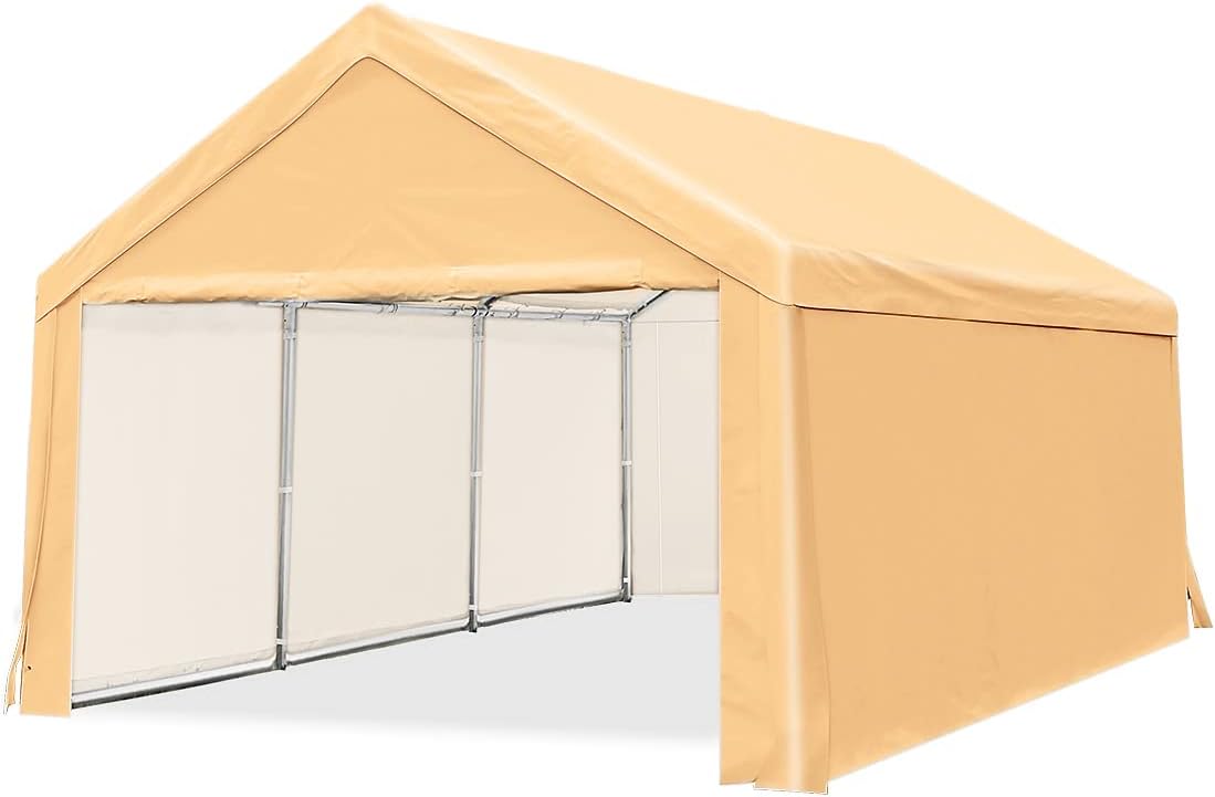 Quictent 13'X20' Heavy Duty Carport Car Canopy Galvanized Car Shelter with Reinforced Ground Bars-Beige