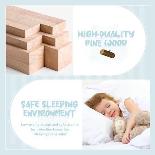Full Size Montessori Floor Bed with Safety Fence and Door, Solid Wooden Kid Toddler Bedframe, Floor-Bed-Frame for Children Bedroom, Boys Girls, Kids Playroom, Gray