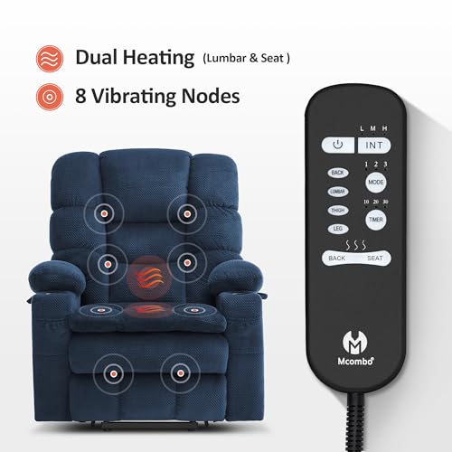 MCombo Large Triple Motor Power Lift Recliner Chair with Massage and Dual Heating, Adjustable Headrest for Tall Elderly People, Fabric 7634 (Grey, Large)