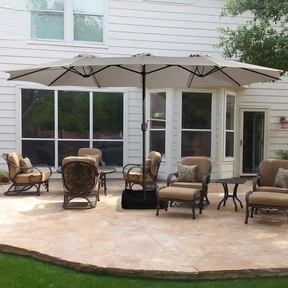 TRP 15ft Double Sided Outdoor Patio Umbrella with Base Included, Hand-Crank Lift, Air Vent | UV Water Fade-Resistant & Sturdy Rectangular Extra Large Shade Market Umbrella in Beige Color