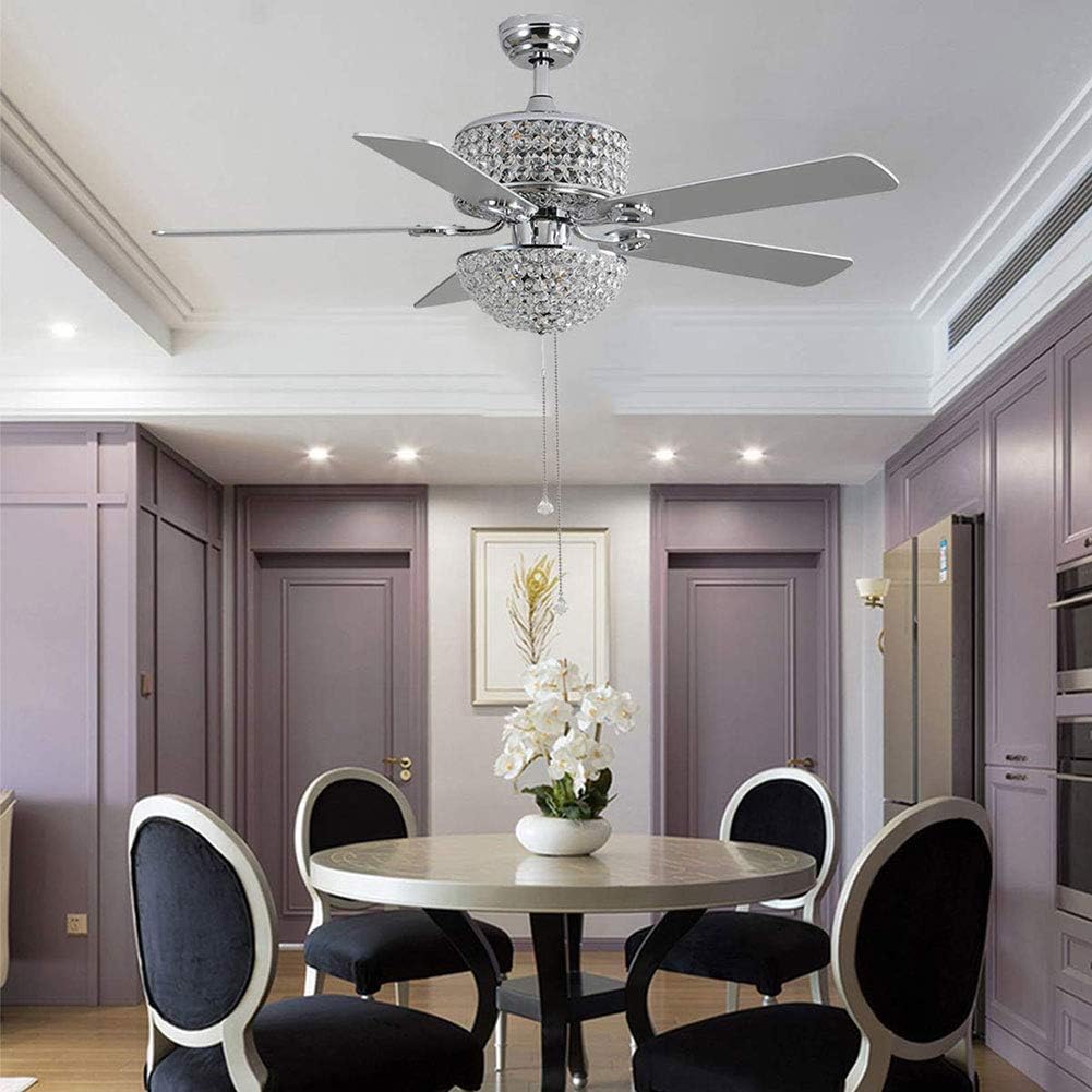 TFCFL Modern 52in Crystal Ceiling Fan with Light and Remote 5 Blades Chandelier Fan Lighting with 3 Speed Adjustable & Timing Function, Crystal Ceiling Fan for Living Room Bedroom Office (Silver)