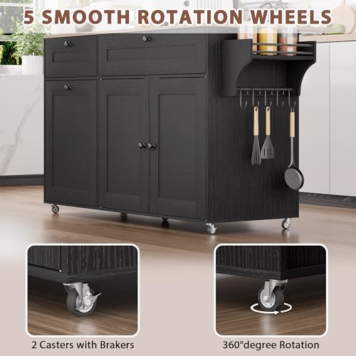 Kitchen Island on Wheels with Storage, Rolling Kitchen Islands with Drop Leaf&Power Outlet, Mobile Kitchen Island Cart with Trash Can Storage, Spice Rack, Towel Rack, Storages Cabinet ,Drawers