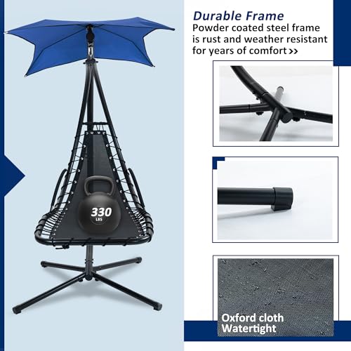 Hanging Chaise Lounger with Removable Canopy Outdoor Indoor Hammock Swing Chair with Cushion Built in Pillow, Curved Zero Gravity Chaise Lounge Chair for Patio Porch Poolside (Navy)