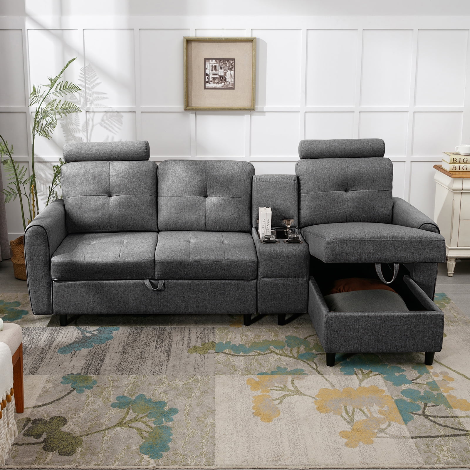 ZAFLY Convertible Sectional Couch, L Shaped Sofa with Storage Chaise, Modern Sectional Sofa with Cup Holders and Neck Pillows, Reversible Sectional Couch for Living Room, Dark Grey