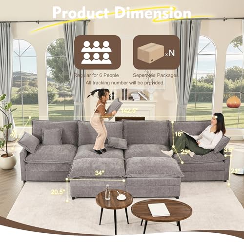 108" U Shaped Couch, Modular Sectional Sofa, 3-Seater Comfy Cloud Couch with Movable Ottoman, Deep Seat Couches for Living Room, Chenille, Black